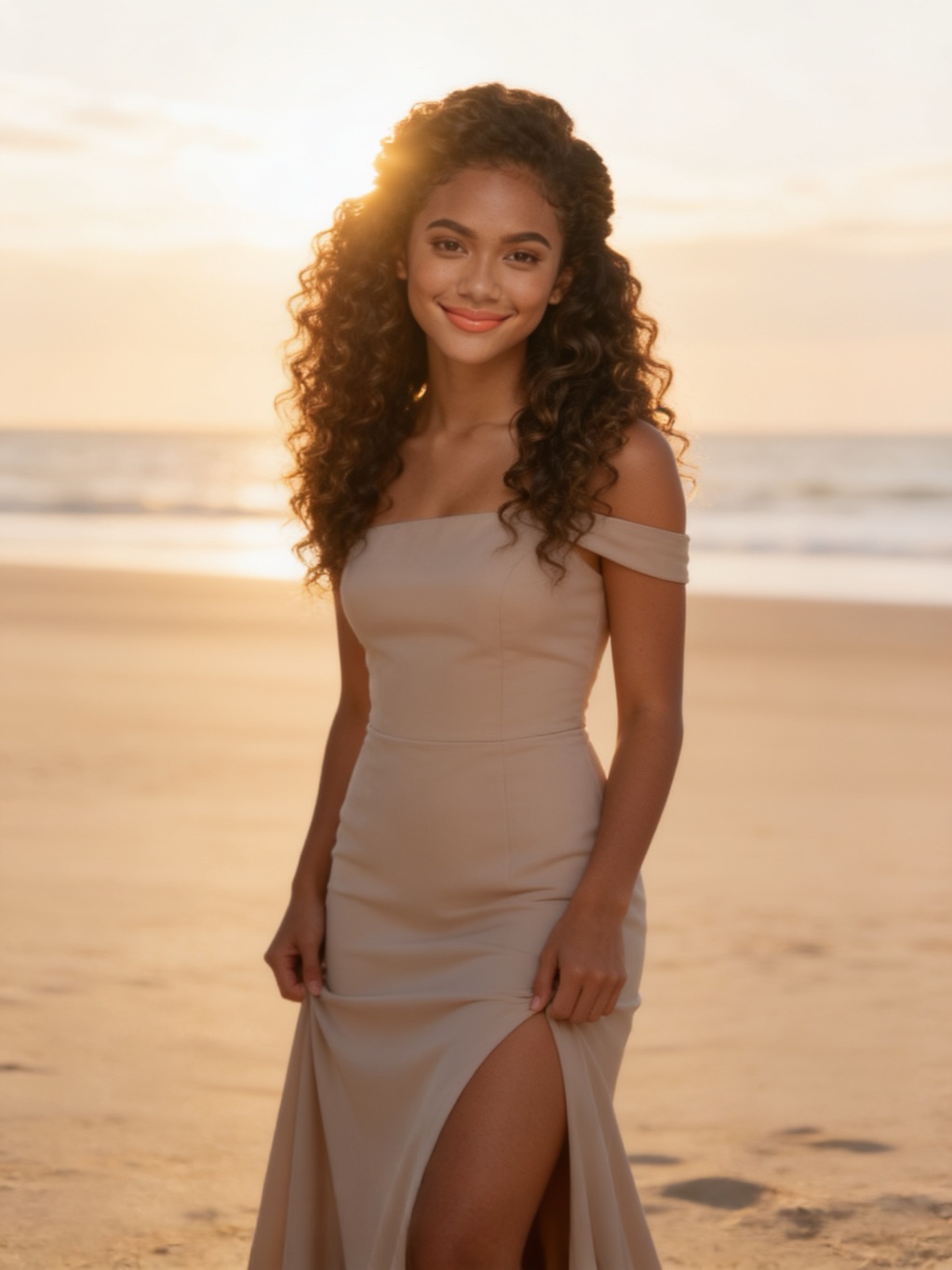 Stevie Barry in her evening gown, on the beach