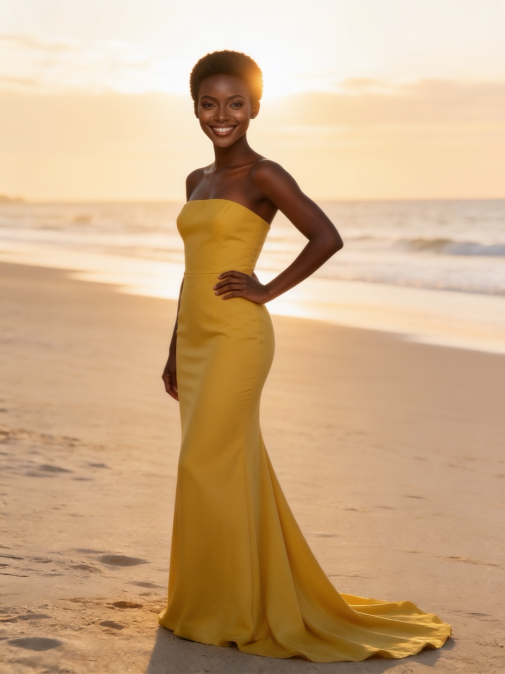 Sharolyn Schmidt in her evening gown, on the beach