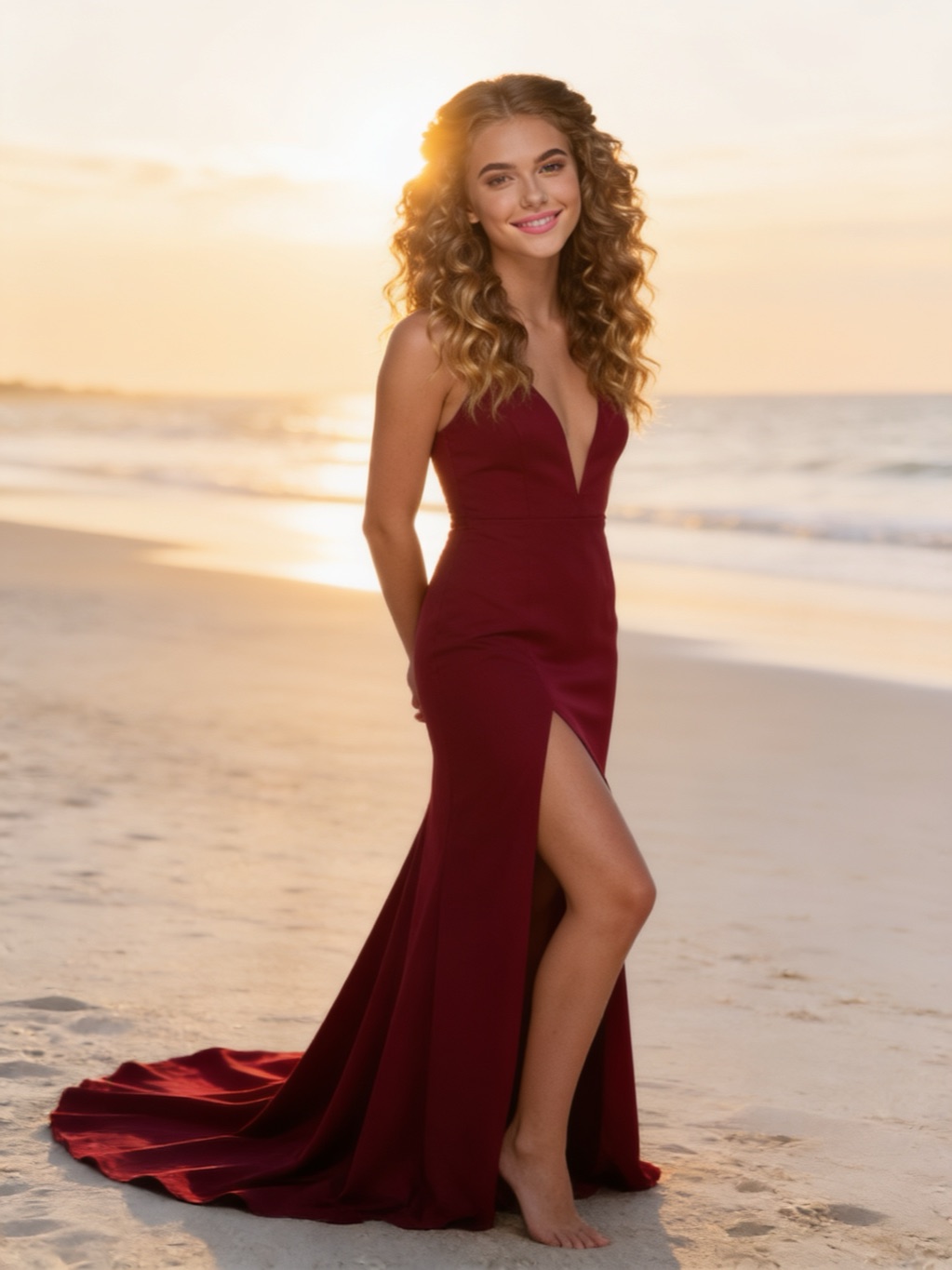 Lorette Wade in her evening gown, on the beach