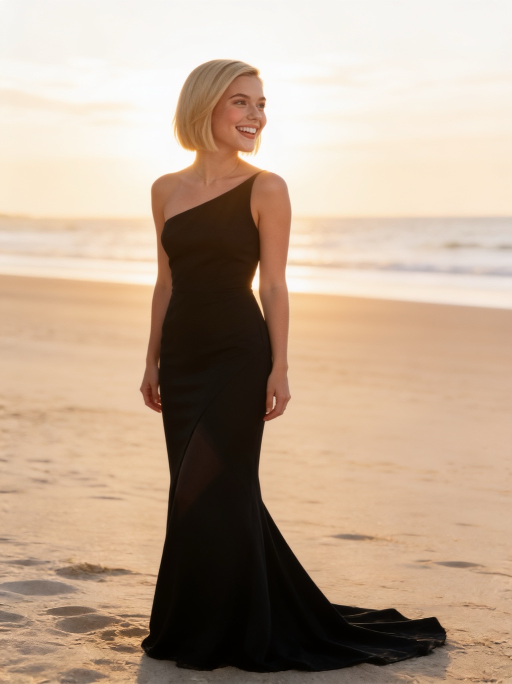 Earlean Harris in her evening gown, on the beach