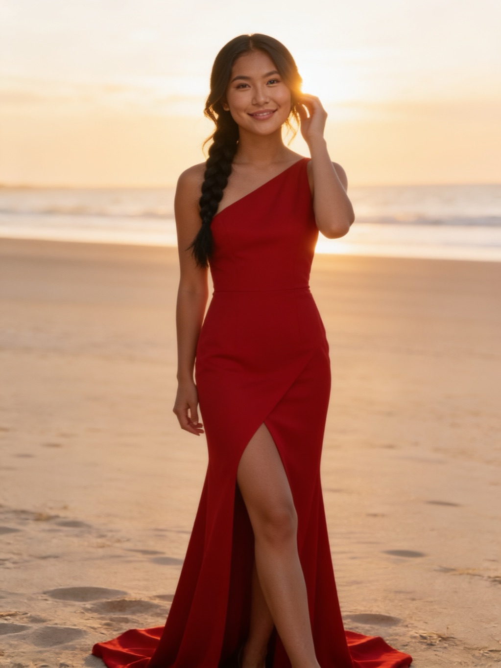 Carlie Roach in her evening gown, on the beach