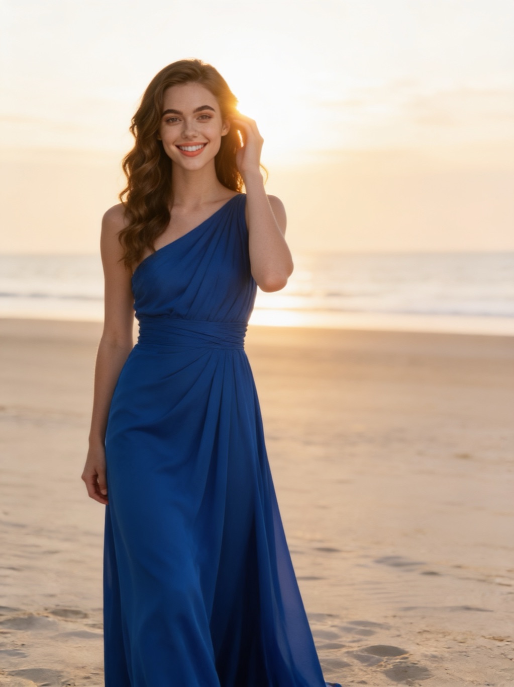 Carley Briggs in her evening gown, on the beach