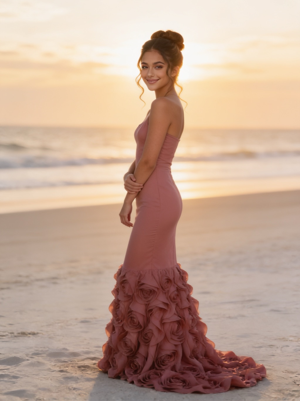 Talia Floyd in her evening gown, on the beach