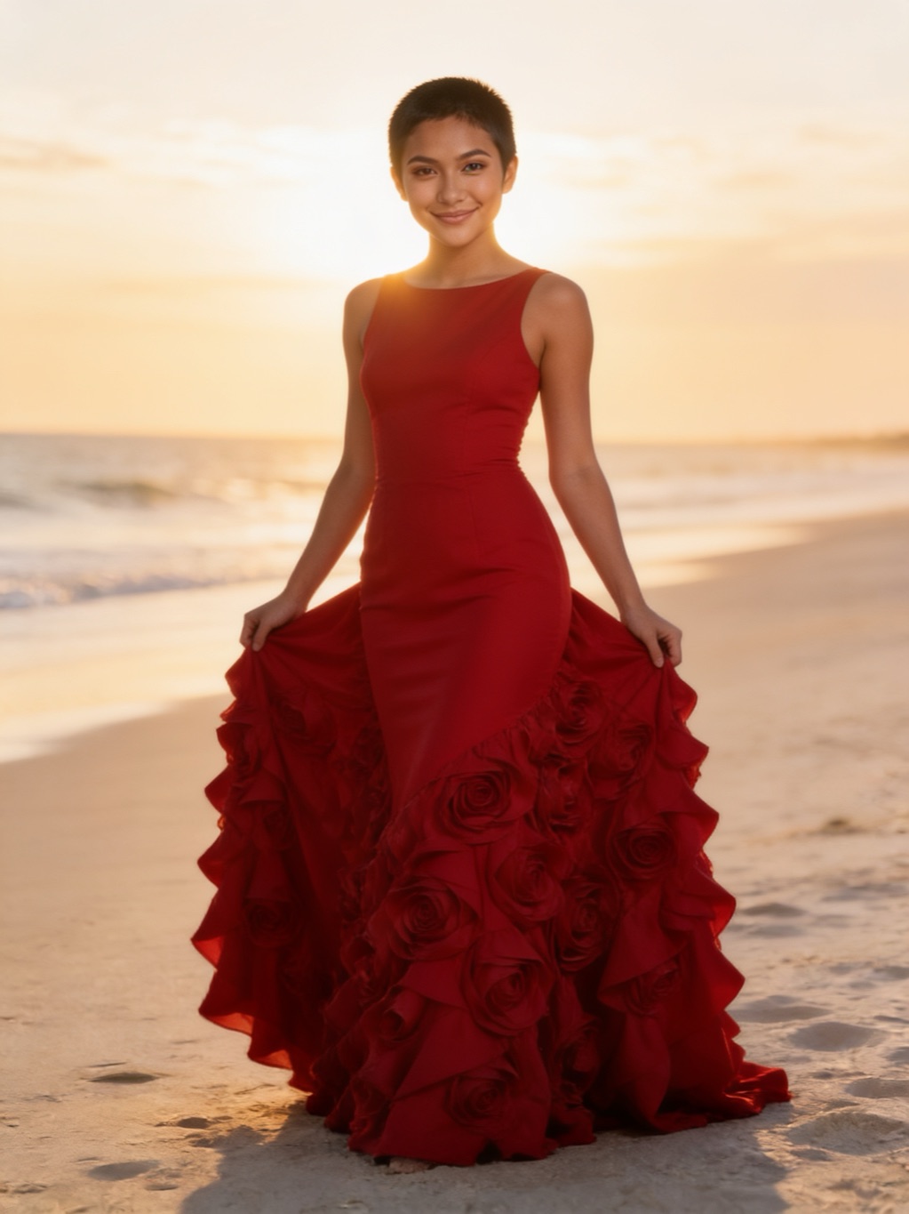 Carletta Marsh in her evening gown, on the beach